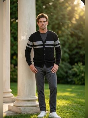 American Eagle Outfitters Black and Gray V-Neck with Front Pockets Sweater